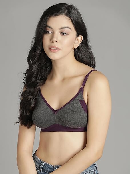 Clovia Women’s Cotton-Rich Dark Grey Wire-Free Full-Cup T-Shirt Bra – Non-Padded Comfort
